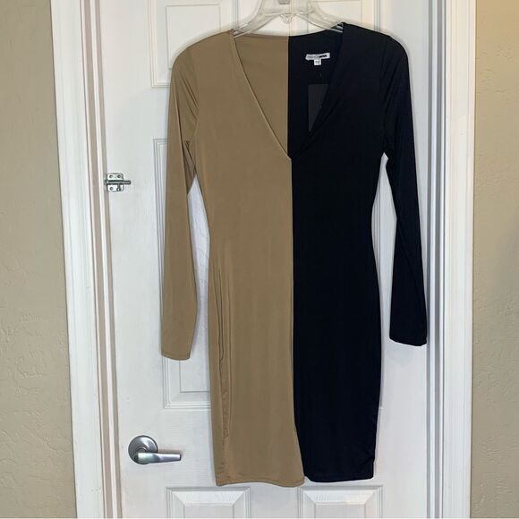 Fashion Nova Two Timing Colorblock MIDI Dress Taupe/Combo Size Large - Picture 2 of 10